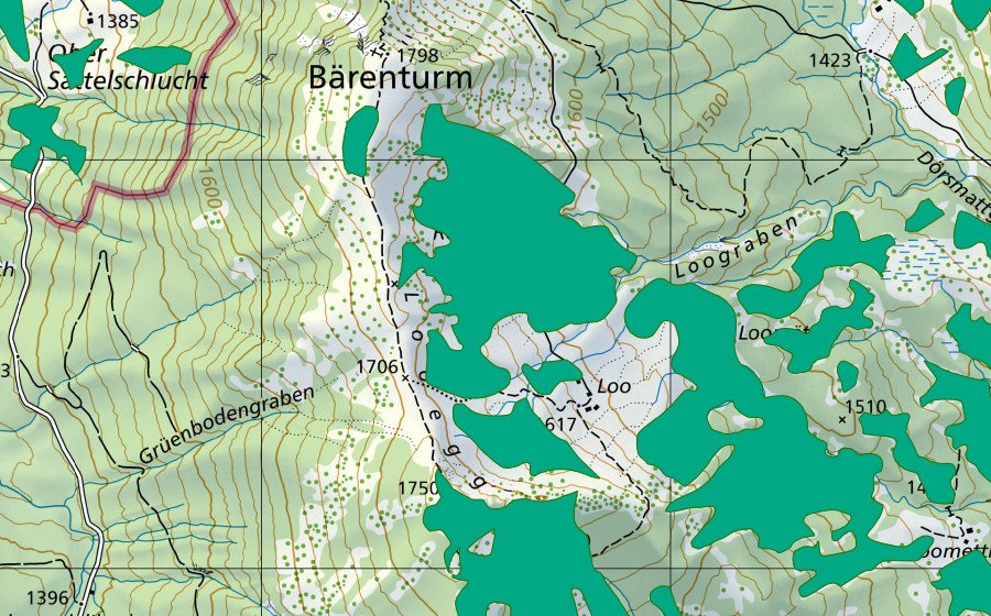 Carte nationale swisstopo avec le périmètre protégé de Rossboden/Looegg (Bas-marais)