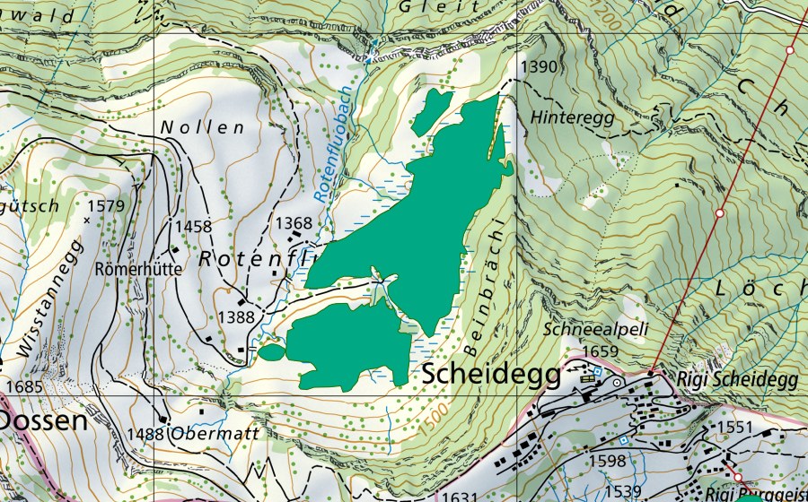swisstopo national map showing the protected perimeter of Rotenflue Allmig (Fen)