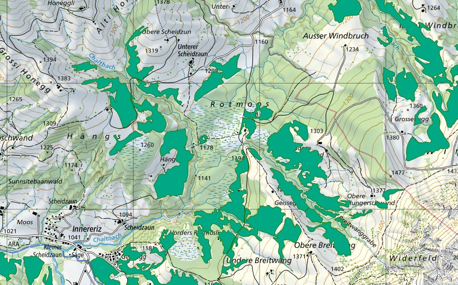 Carte nationale swisstopo avec le périmètre protégé de Rotmoos (Bas-marais)