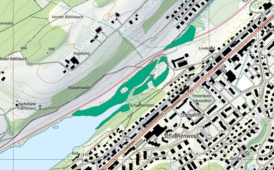 Carte nationale swisstopo avec le périmètre protégé de Rotseeried Abfluss (Bas-marais)