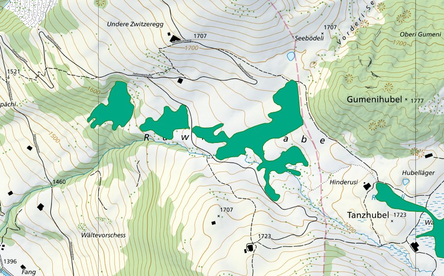 swisstopo national map showing the protected perimeter of Rümlisgrabe (Fen)