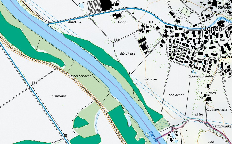 Landeskarte swisstopo mit dem Schutzperimeter von Rüssmatte Jonen (Flachmoor)