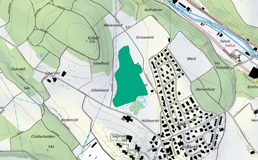 swisstopo national map showing the protected perimeter of Sackriet (Fen)