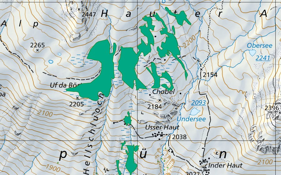 swisstopo national map showing the protected perimeter of Sapüner Mäder (Fen)