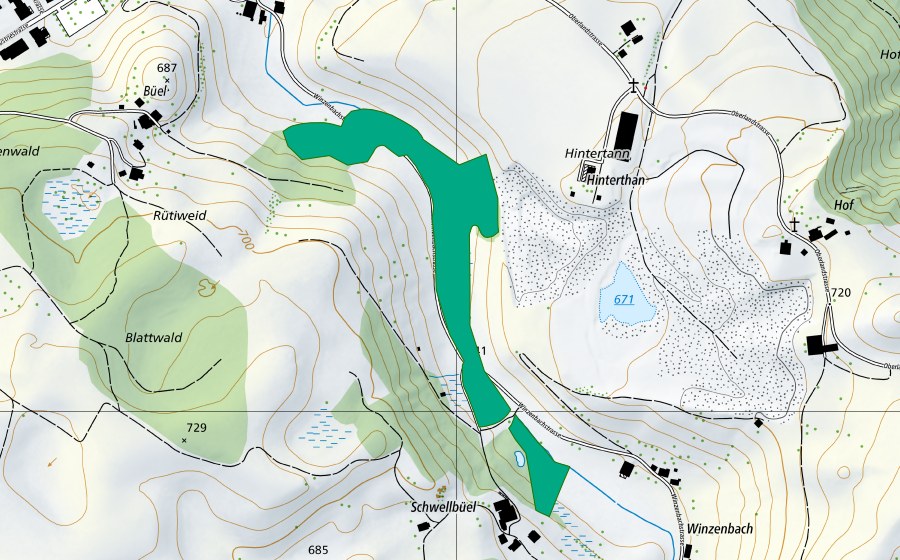 Carte nationale swisstopo avec le périmètre protégé de Sarbach (Bas-marais)