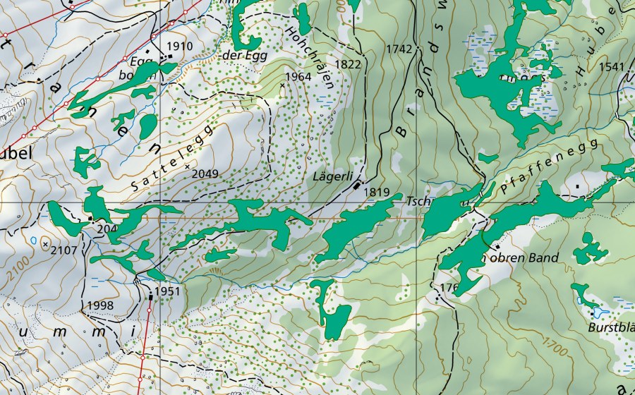 swisstopo national map showing the protected perimeter of Sattelegg/Am undren Brand (Fen)