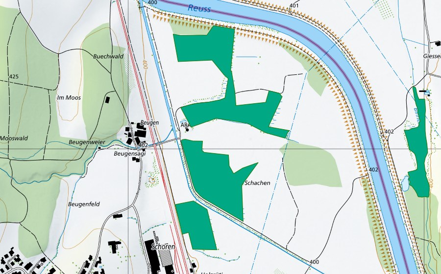 swisstopo national map showing the protected perimeter of Schachen (Fen)