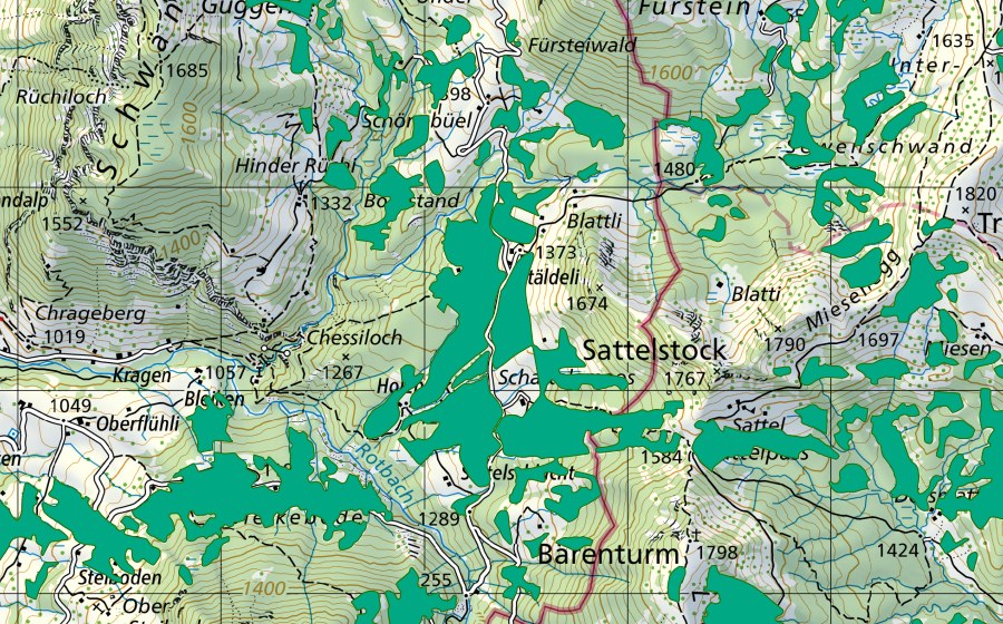 Carte nationale swisstopo avec le périmètre protégé de Schaftelenmoos/Stäldili/Sattelpass (Bas-marais)
