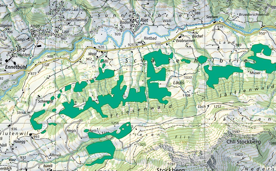 swisstopo national map showing the protected perimeter of Schattenhalbriet/Zilmüslen (Fen)