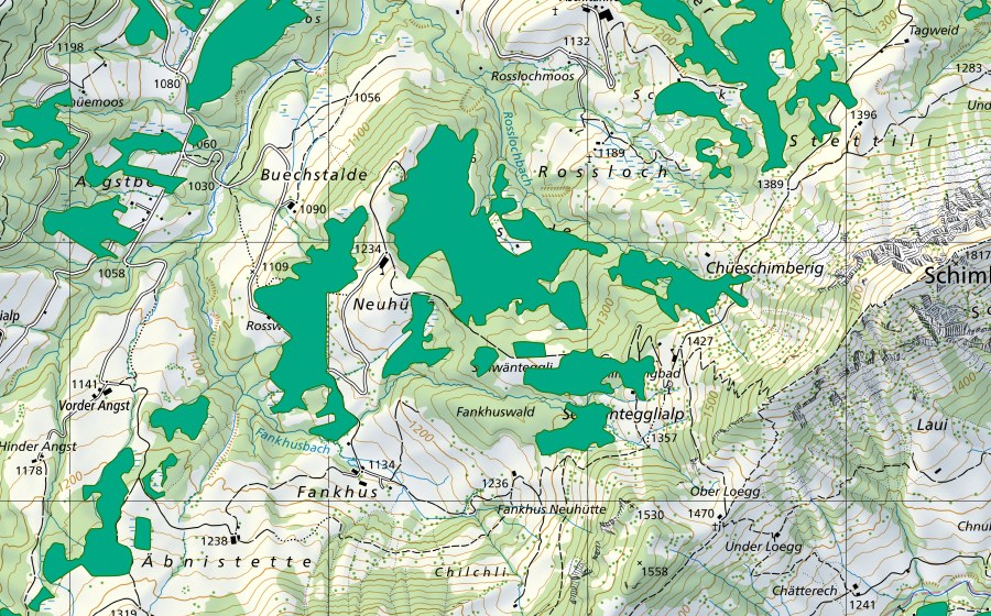 Carte nationale swisstopo avec le périmètre protégé de Schimbrig/Hirsboden (Bas-marais)