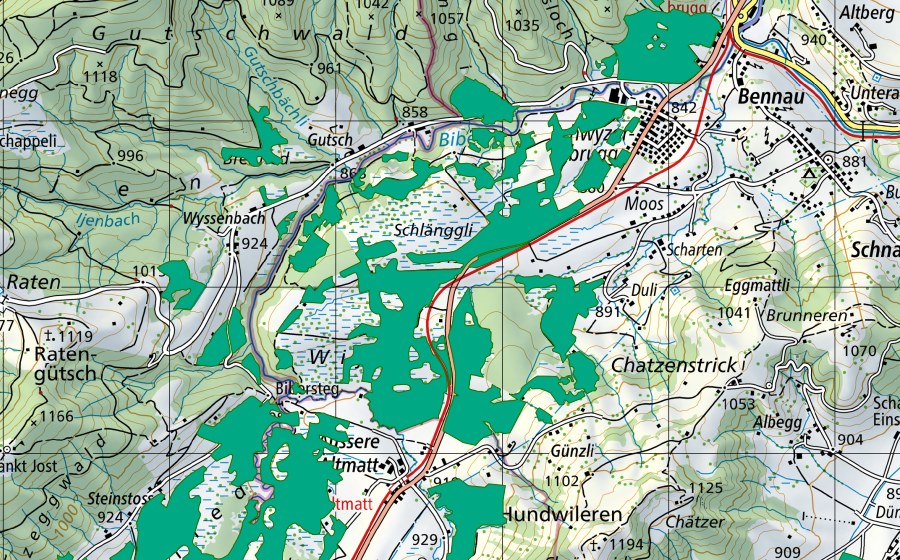 swisstopo national map showing the protected perimeter of Schlänggli-Biberbrugg (Fen)