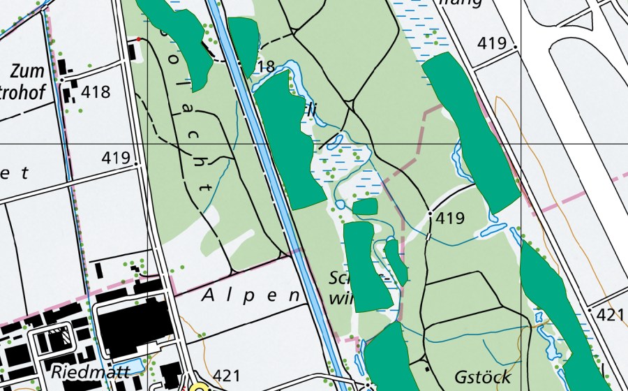 swisstopo national map showing the protected perimeter of Schlosswinkel/Peterli (Fen)
