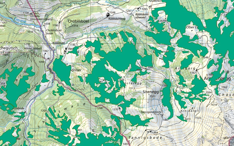 swisstopo national map showing the protected perimeter of Schöniseischwand/Spierweid (Fen)