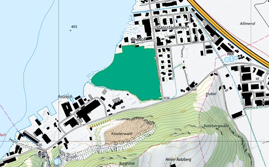Carte nationale swisstopo avec le périmètre protégé de Schulried/Uertiried (Bas-marais)