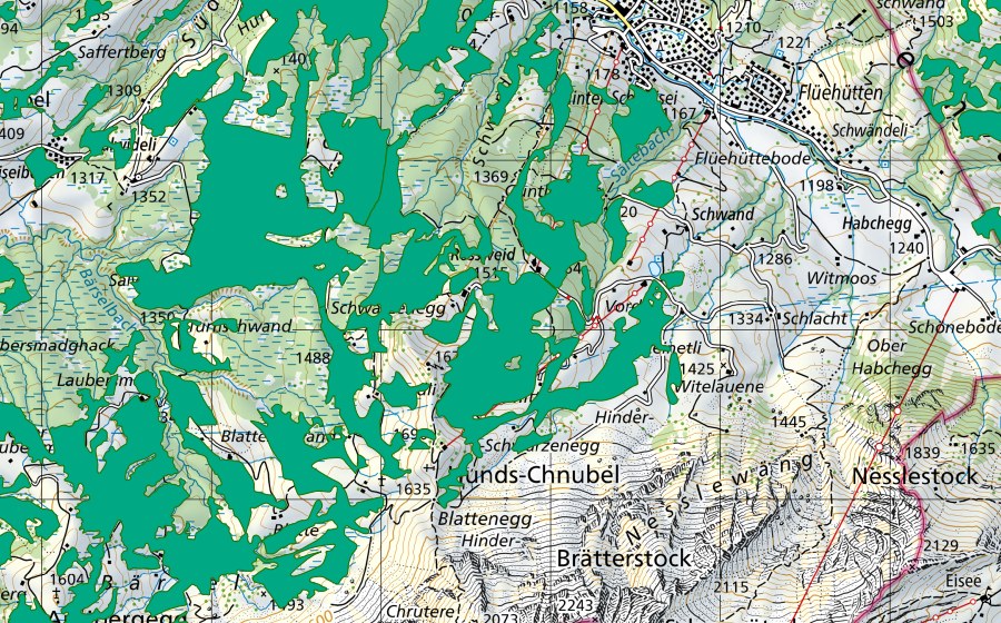 Carte nationale swisstopo avec le périmètre protégé de Schwarzenegg/Steinetli (Bas-marais)