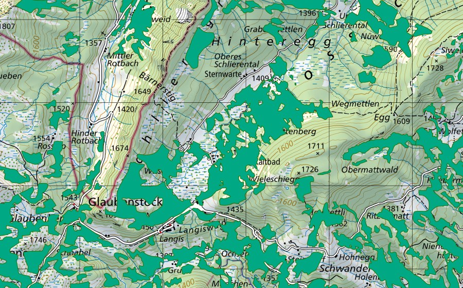 Carte nationale swisstopo avec le périmètre protégé de Schwendi Kaltbad (Bas-marais)