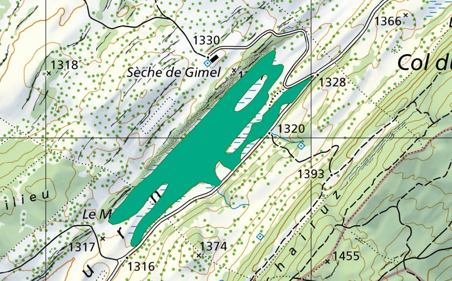 Carte nationale swisstopo avec le périmètre protégé de Sèche de Gimel (Bas-marais)
