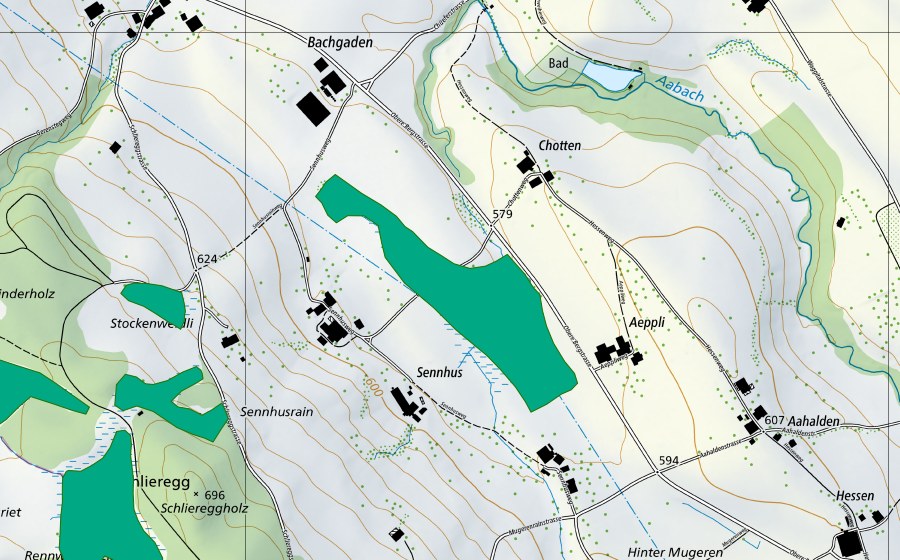 Carte nationale swisstopo avec le périmètre protégé de Sennhus (Bas-marais)