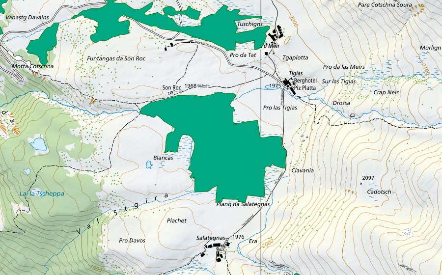 swisstopo national map showing the protected perimeter of Son Roc (Fen)