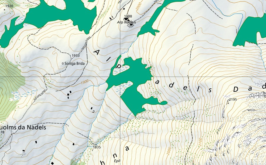 swisstopo national map showing the protected perimeter of Sontga Brida (Fen)