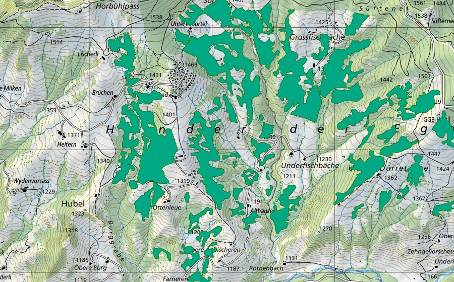 swisstopo national map showing the protected perimeter of Sortel/Althuser (Fen)