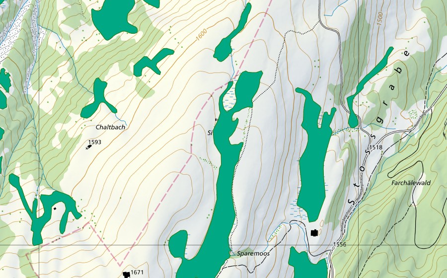 swisstopo national map showing the protected perimeter of Sparemoos/Tots Mädli (Fen)