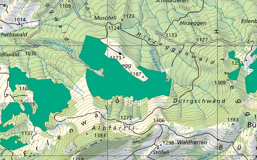 swisstopo national map showing the protected perimeter of Sprädenegg (Fen)