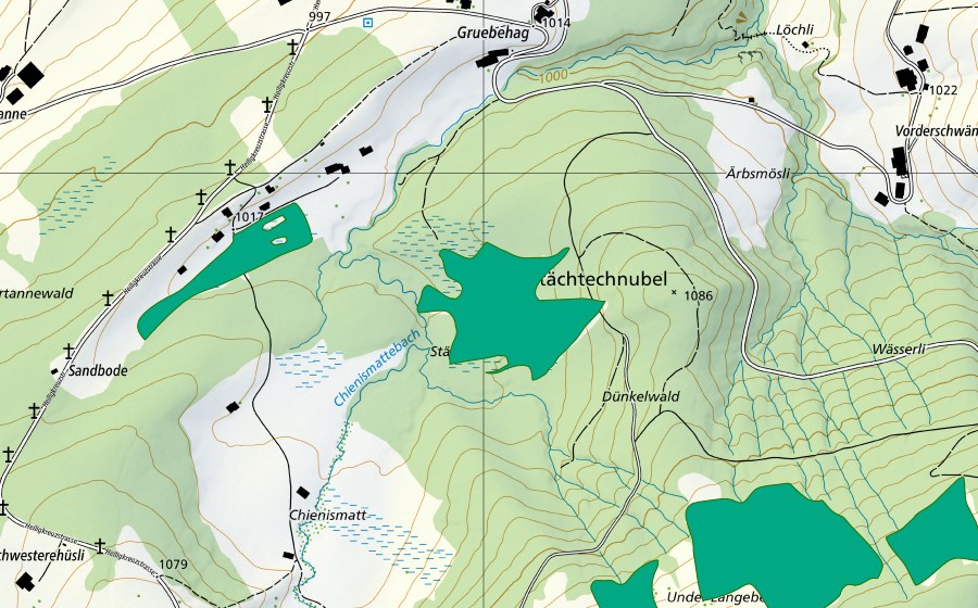 Landeskarte swisstopo mit dem Schutzperimeter von Stächtenmösli (Flachmoor)