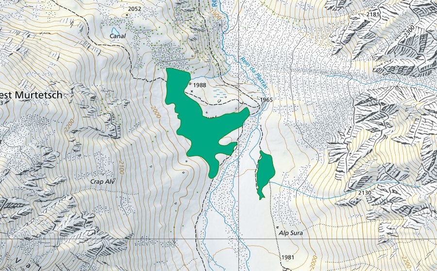 Carte nationale swisstopo avec le périmètre protégé de Stavels Veders (Bas-marais)