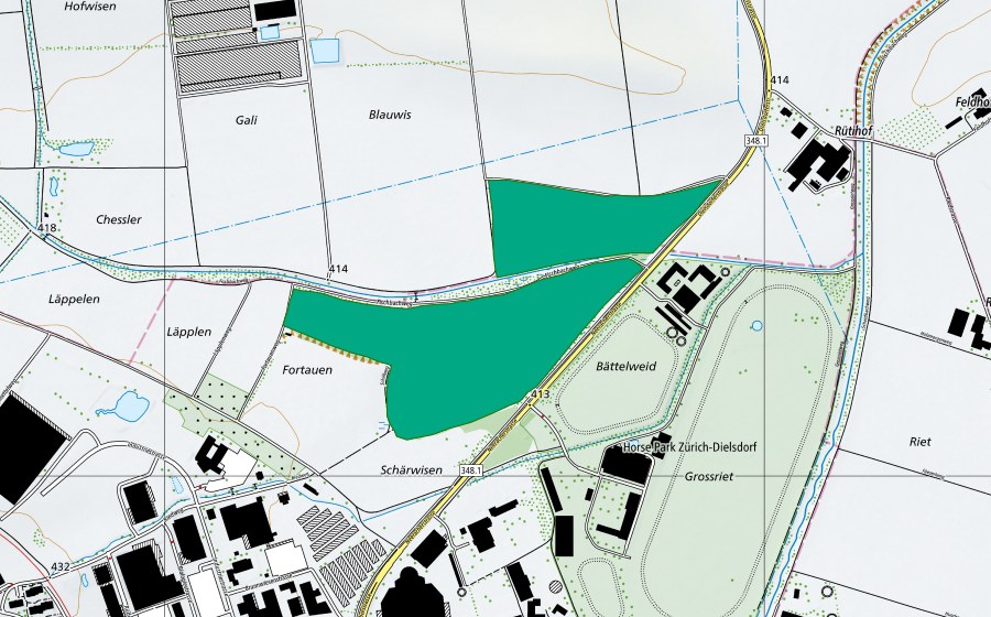 Carte nationale swisstopo avec le périmètre protégé de Steinmaurer Riet (Bas-marais)
