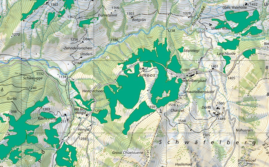 Landeskarte swisstopo mit dem Schutzperimeter von Stierenmoos/Im lätzen Hengst (Flachmoor)