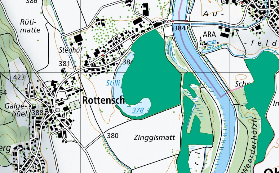 Carte nationale swisstopo avec le périmètre protégé de Stille Reuss (Bas-marais)