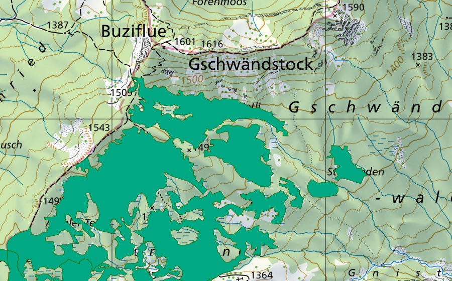swisstopo national map showing the protected perimeter of Stockrietli (Fen)