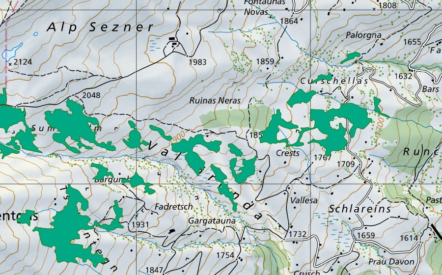 swisstopo national map showing the protected perimeter of Sum Cuolm (Fen)