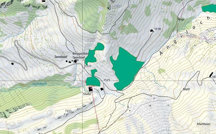 Carte nationale swisstopo avec le périmètre protégé de Tannibüel (Bas-marais)