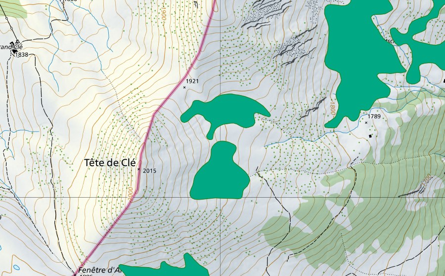 swisstopo national map showing the protected perimeter of Tête de Clé (Fen)