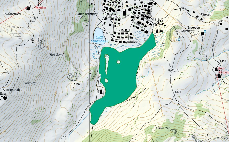 Carte nationale swisstopo avec le périmètre protégé de Teufböni (Bas-marais)