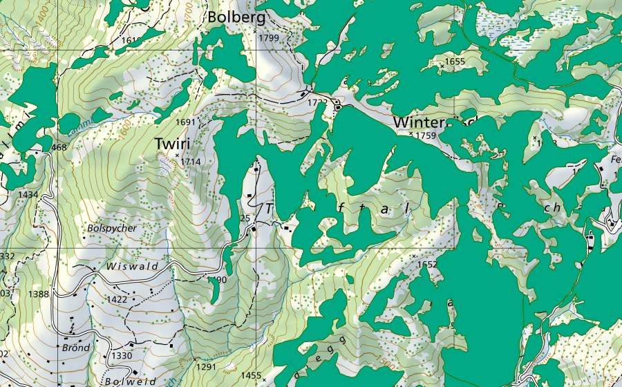 Carte nationale swisstopo avec le périmètre protégé de Teuftal (Bas-marais)