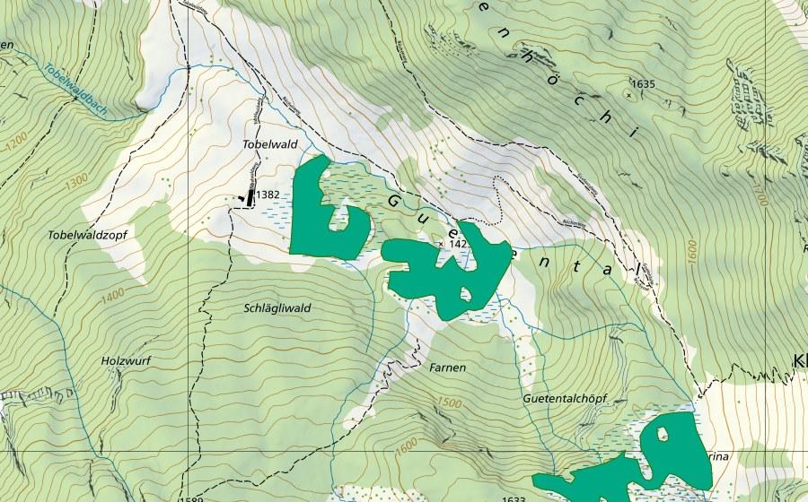 Carta nazionale swisstopo con il perimetro protetto di Tobelwald/Guetental (Torbiera bassa)
