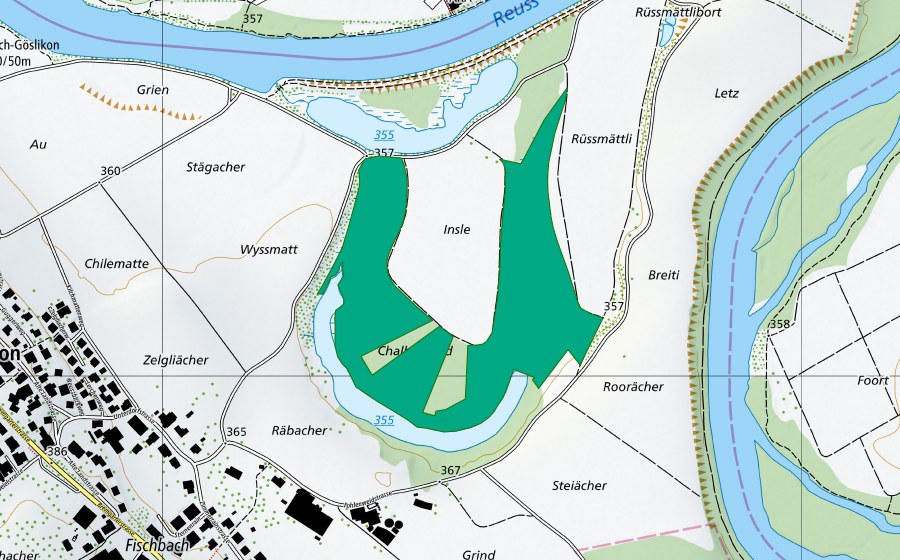 swisstopo national map showing the protected perimeter of Tote Reuss (Fen)