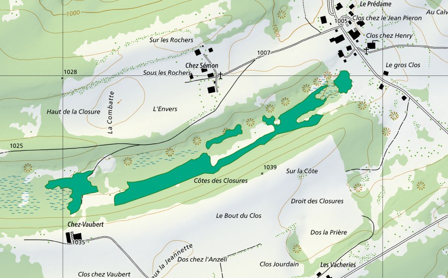 swisstopo national map showing the protected perimeter of Tourbière à l'ouest de Prédame (Fen)