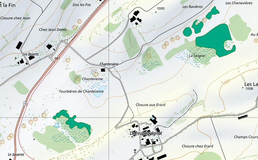 swisstopo national map showing the protected perimeter of Tourbières de Chanteraine (Fen)