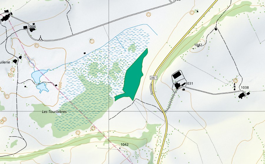 Landeskarte swisstopo mit dem Schutzperimeter von Tourbières de la Chaux d'Abel (Flachmoor)