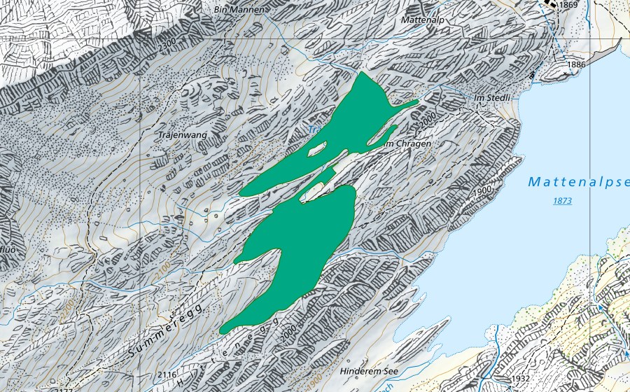Carte nationale swisstopo avec le périmètre protégé de Träjen (Bas-marais)
