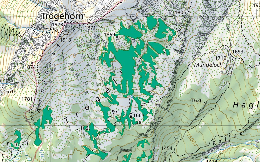 Carte nationale swisstopo avec le périmètre protégé de Trogen (Bas-marais)