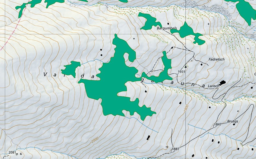 swisstopo national map showing the protected perimeter of Tschantegn (Fen)