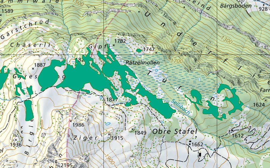 swisstopo national map showing the protected perimeter of Turen/Chaltenbrunnen/Stäckewäld (Fen)