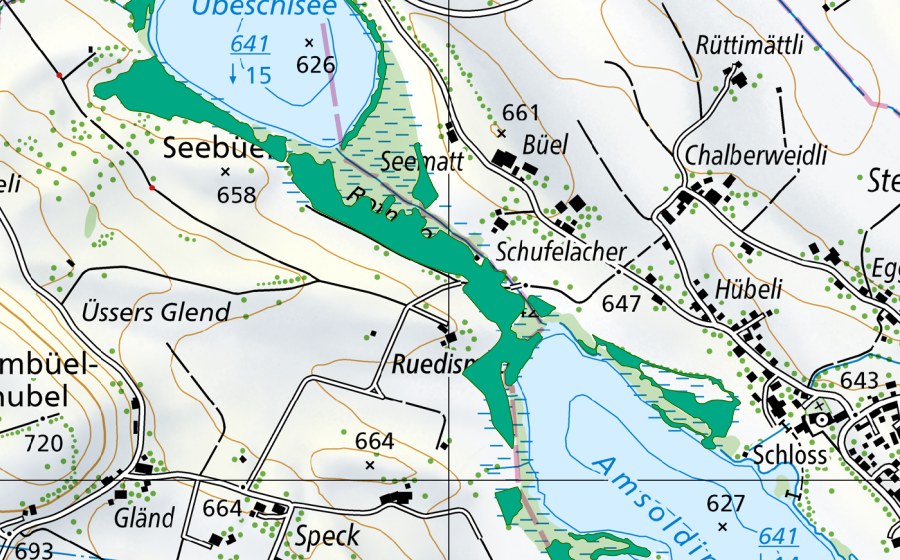 swisstopo national map showing the protected perimeter of Übeschisee (Fen)