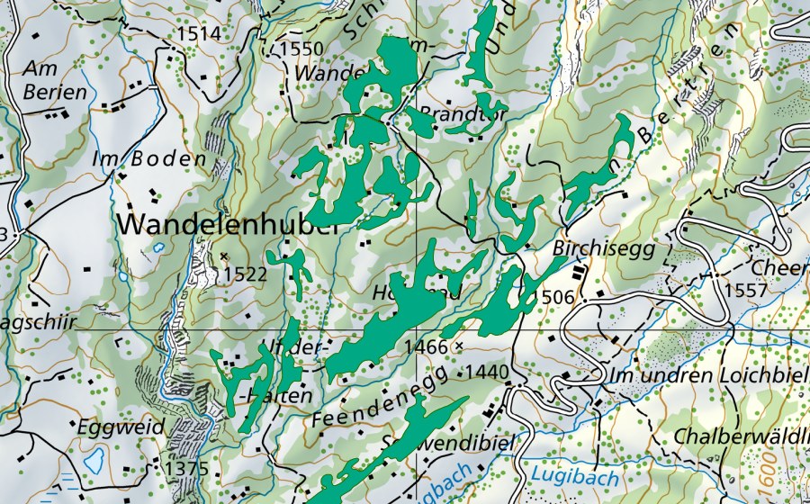 Carte nationale swisstopo avec le périmètre protégé de Uf Brandsbort/Schopfweid (Bas-marais)