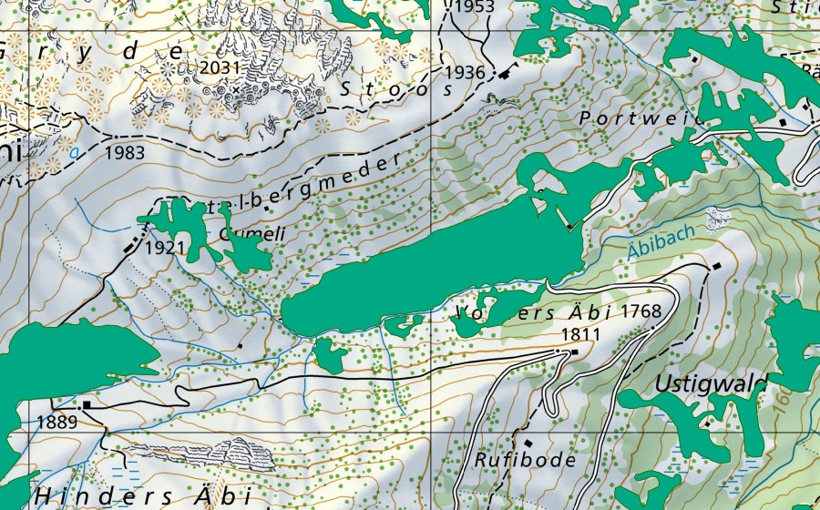 swisstopo national map showing the protected perimeter of Uf de Schibene (Fen)